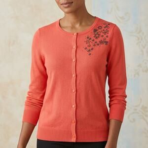 Coldwater Creek Women's Silk Cotton Cardigan Beaded Snowflake Coral Orange M